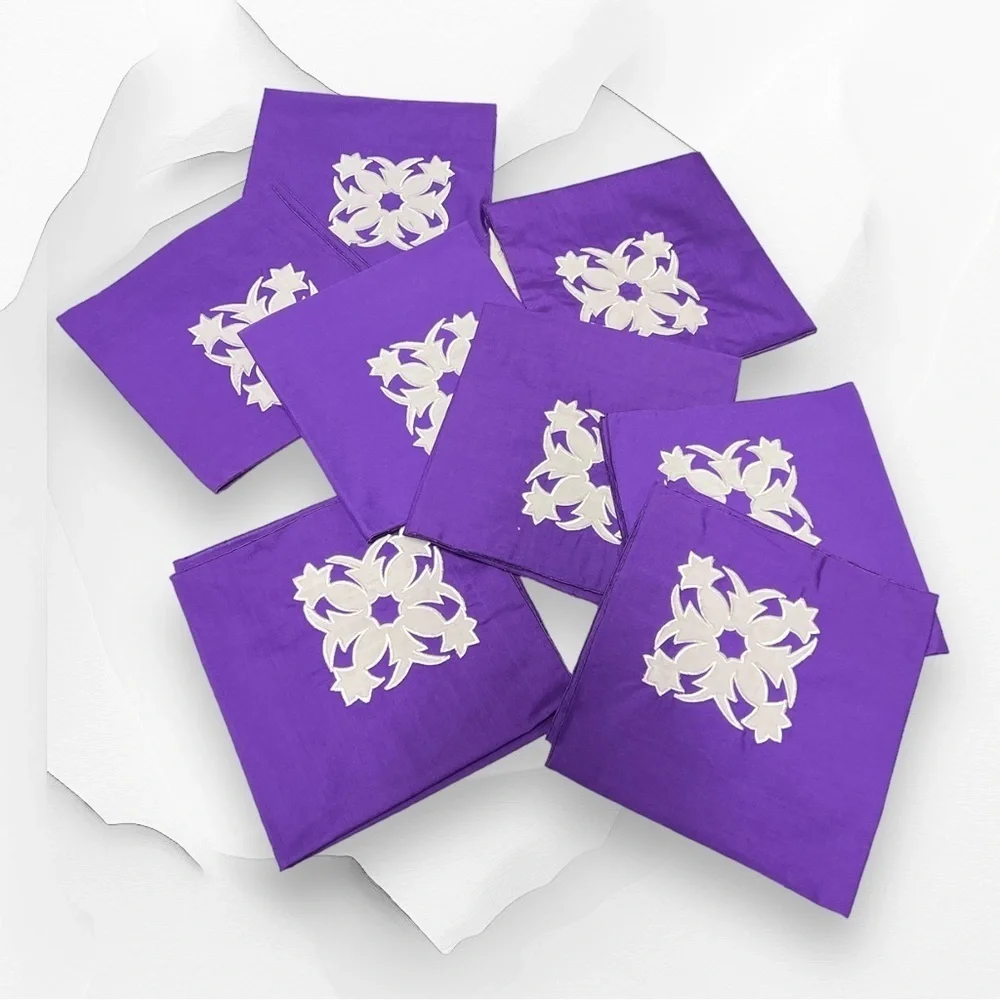 Hawaiian Quilted Pineapple Table Napkins Set 8 Pieces Purple Patchwork 15x15